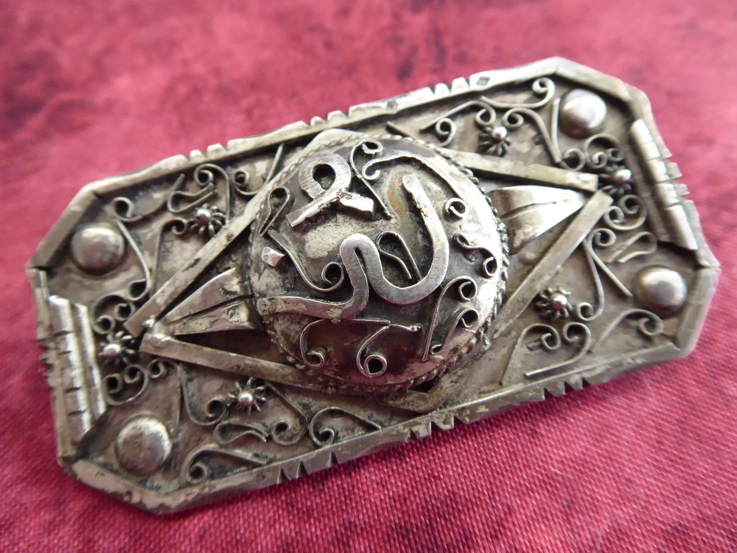 French Marks Silver Brooch Islamic Middle Eastern Rectangle Hand Made 1890s