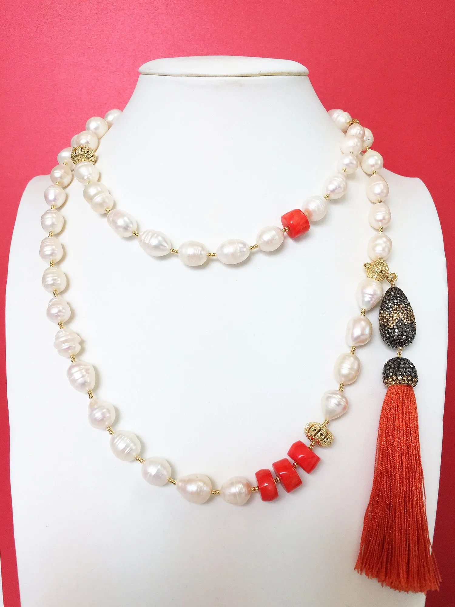 Freshwater Pearls with Coral Tassel necklace MN033