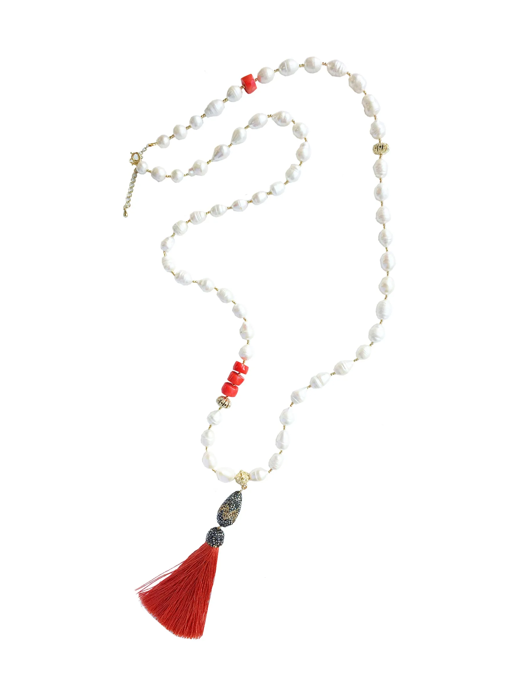 Freshwater Pearls with Coral Tassel necklace MN033