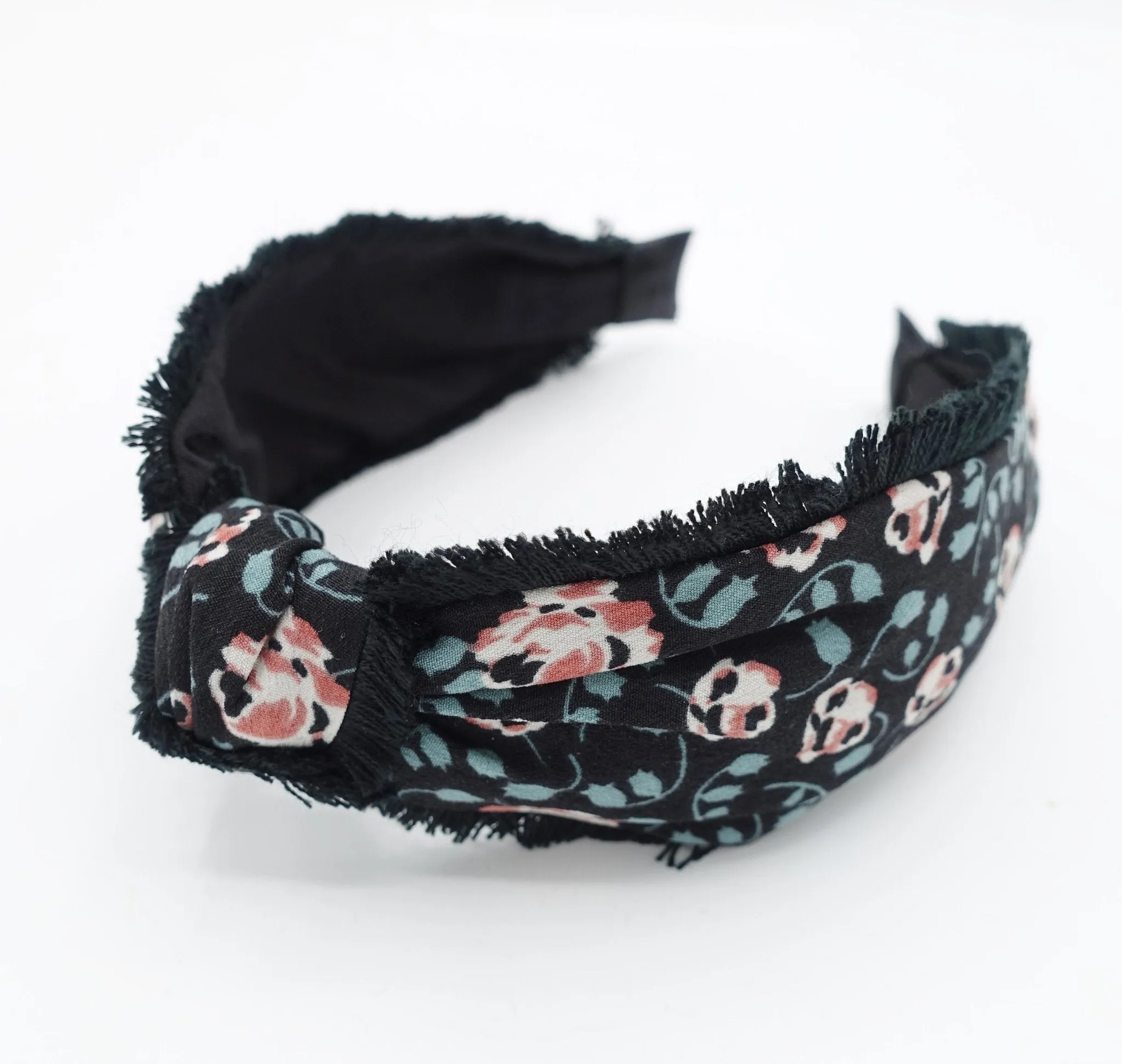 fringe trim headband flower stem print hairband top knot hair accessory for women