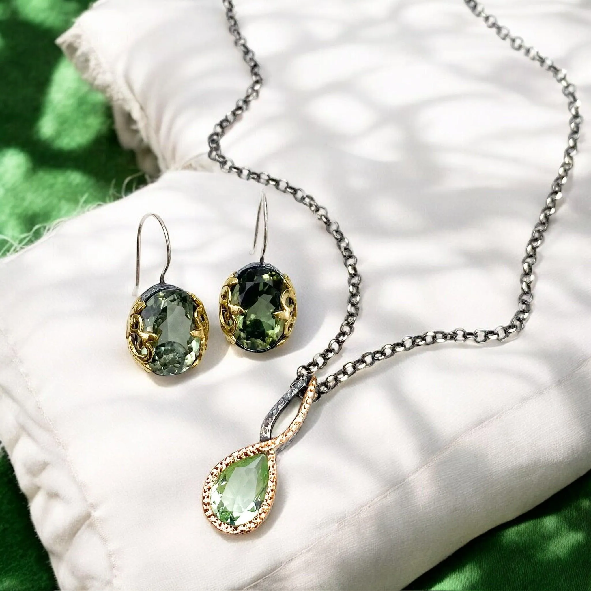 Green Amethyst Necklace & Earring Set in Oxidized Silver and Gold Vermeil