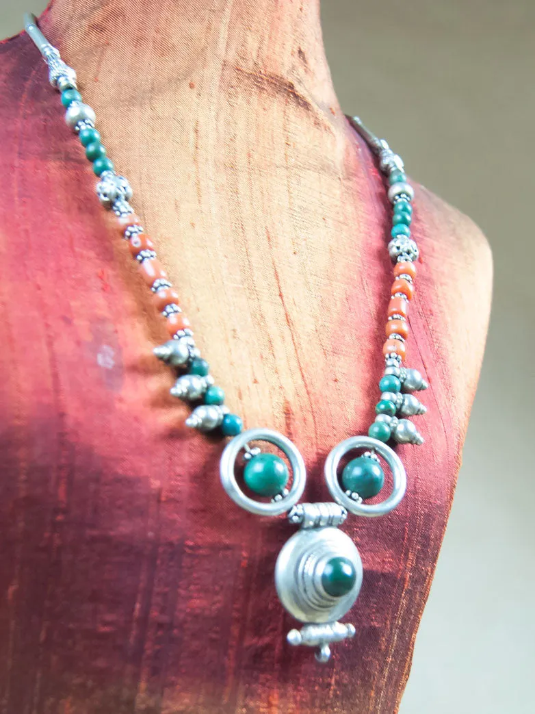 Green Turquoise with light Red Coral Silver Necklace