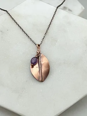 Hand forged copper leaf necklace with amethyst gemstone