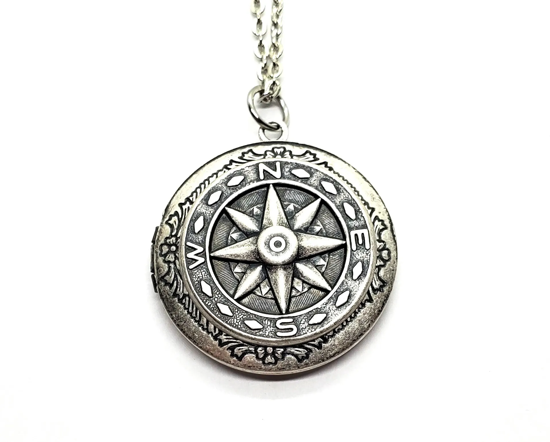 Handmade Oxidized Silver Compass Locket Necklace