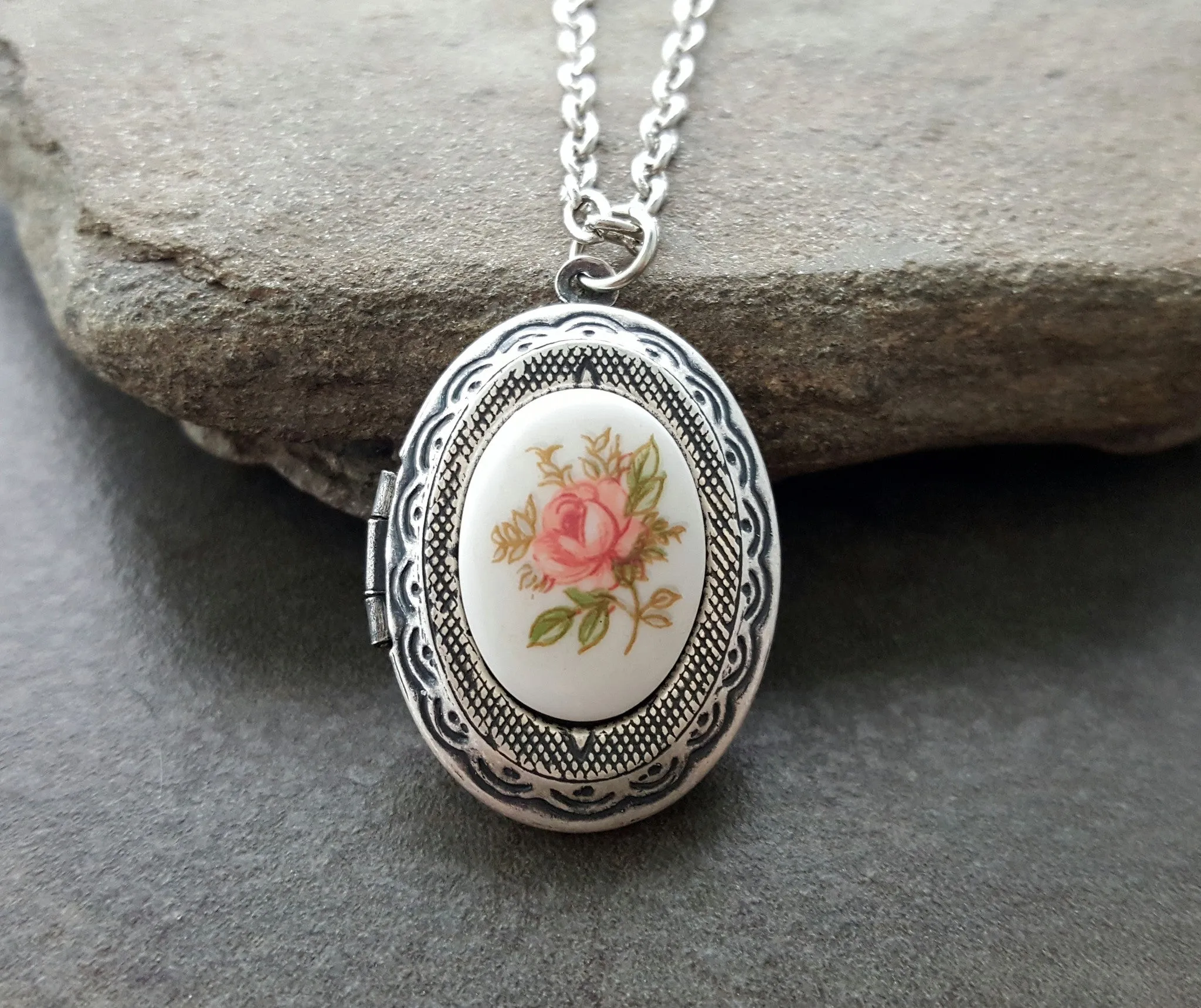 Handmade Pink Rose Limoges Cameo Locket Necklace