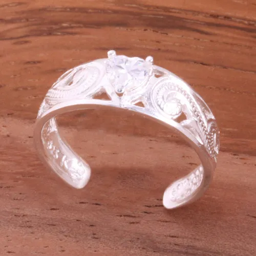 Hawaiian Scroll See Through with Clear Heart CZ Toe Ring