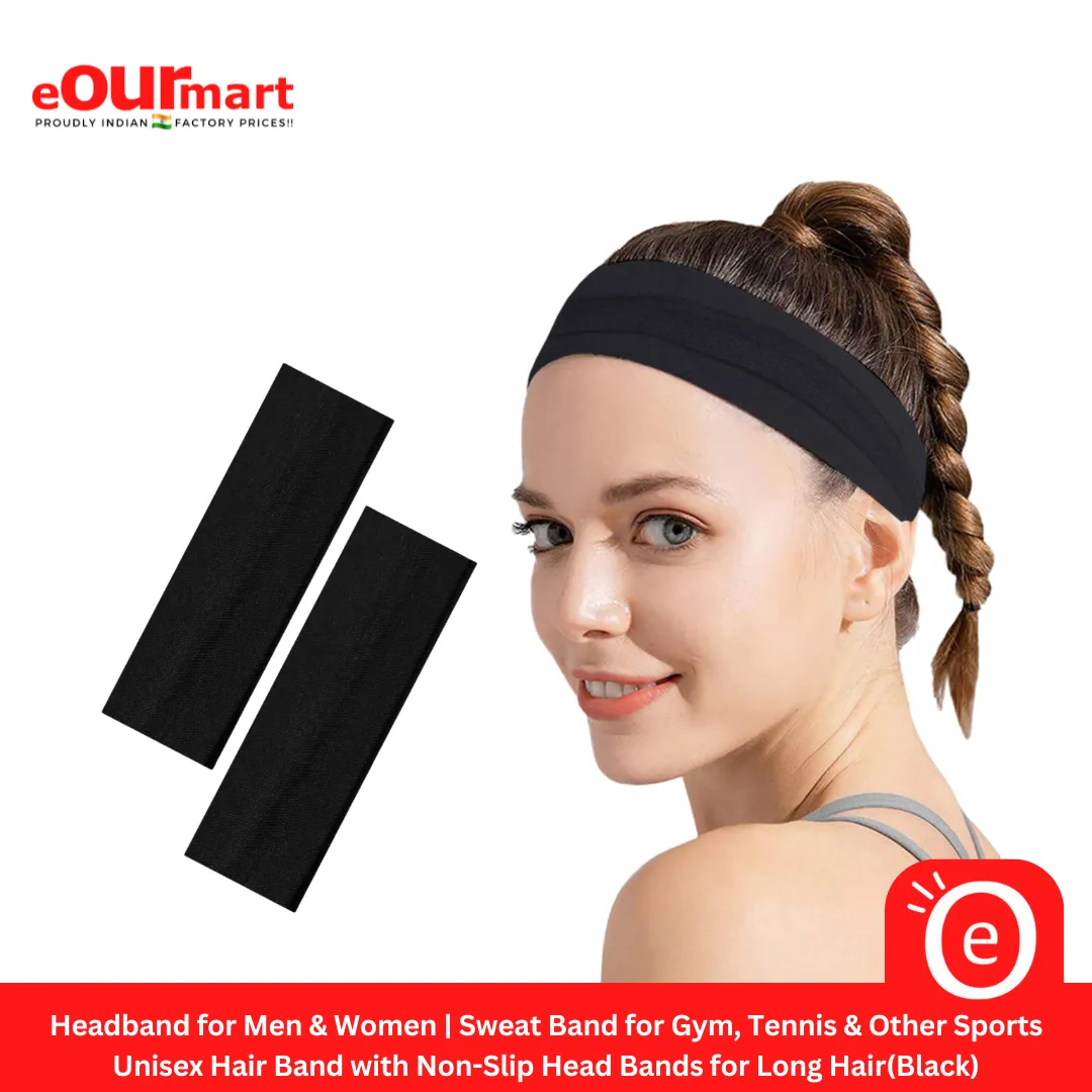 Headband for Men & Women | Sweat Band for Gym, Tennis, Badminton and Other Sports | Unisex Hair Band with Non-Slip Head Bands for Long Hair(Black)