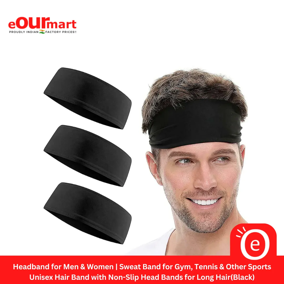 Headband for Men & Women | Sweat Band for Gym, Tennis, Badminton and Other Sports | Unisex Hair Band with Non-Slip Head Bands for Long Hair(Black)