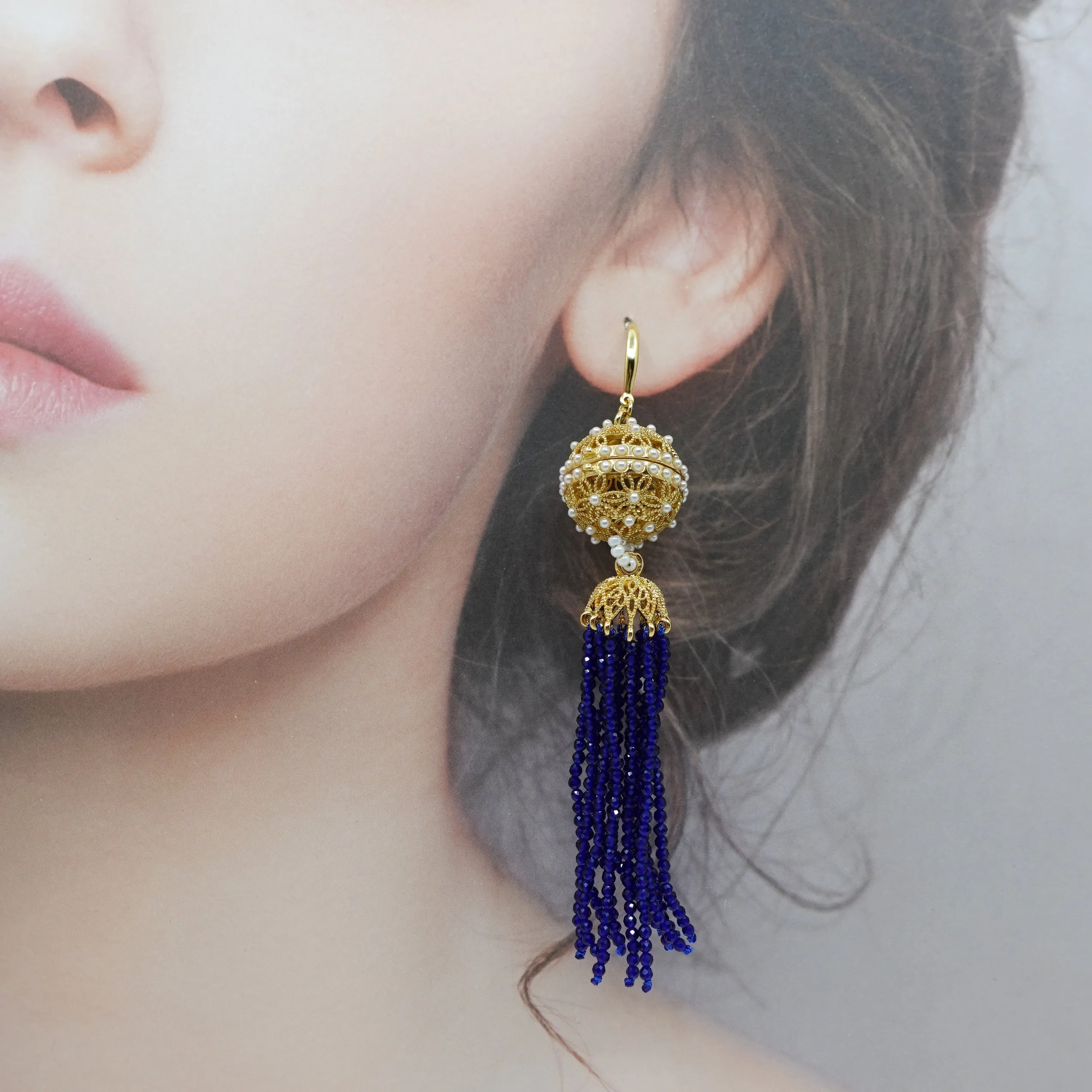 Herbal Locket Crystal Tassel Earrings - Lapis Spinel