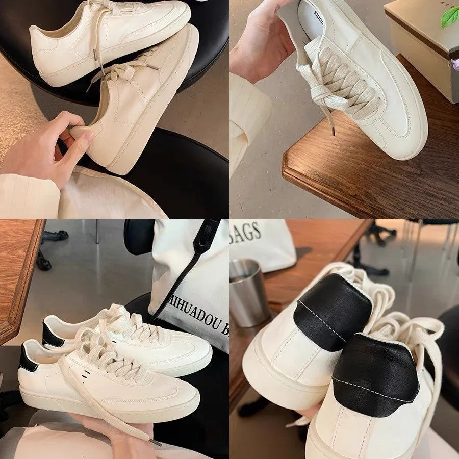 ikearlax Joint-Name Soft Cowhide Casual White Shoes for Women  New Genuine Leather All-Match Breathable round Toe Sports Flat Sneakers