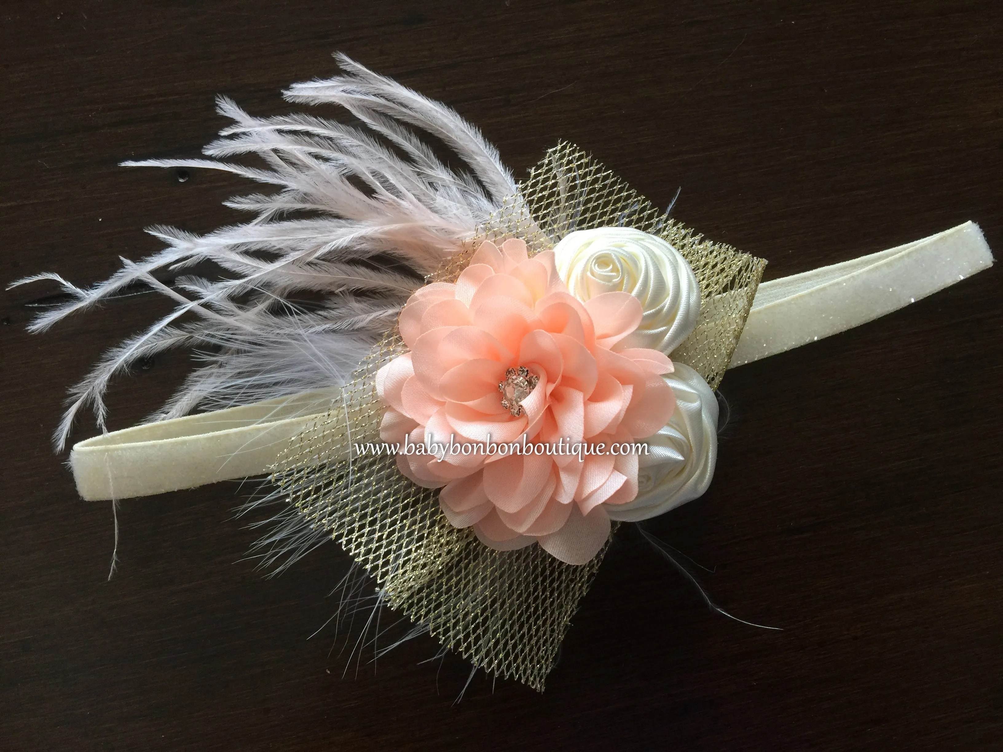 Ivory and Peach Baby Girl Baptism Headband