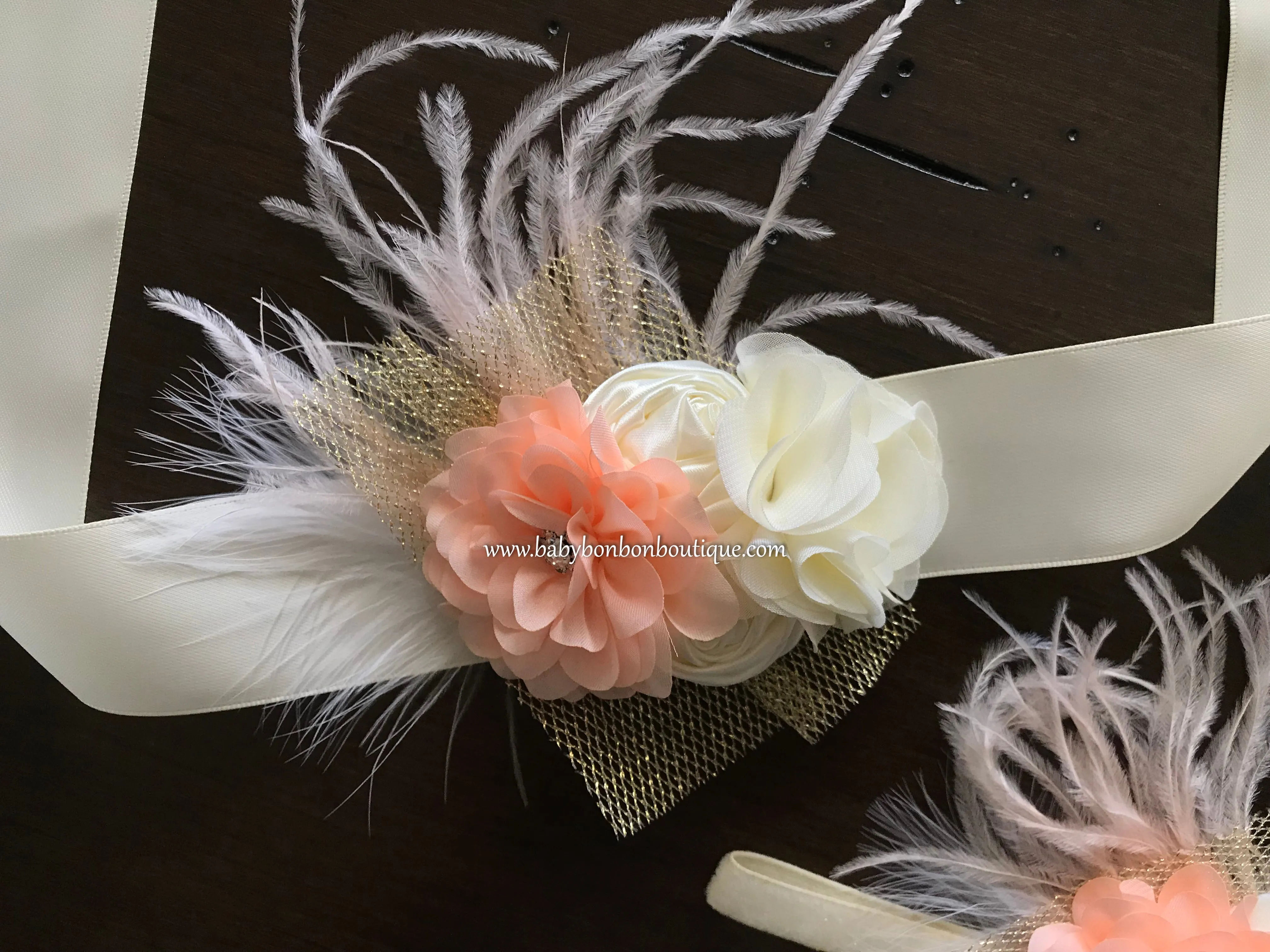 Ivory and Peach Baby Girl Baptism Headband