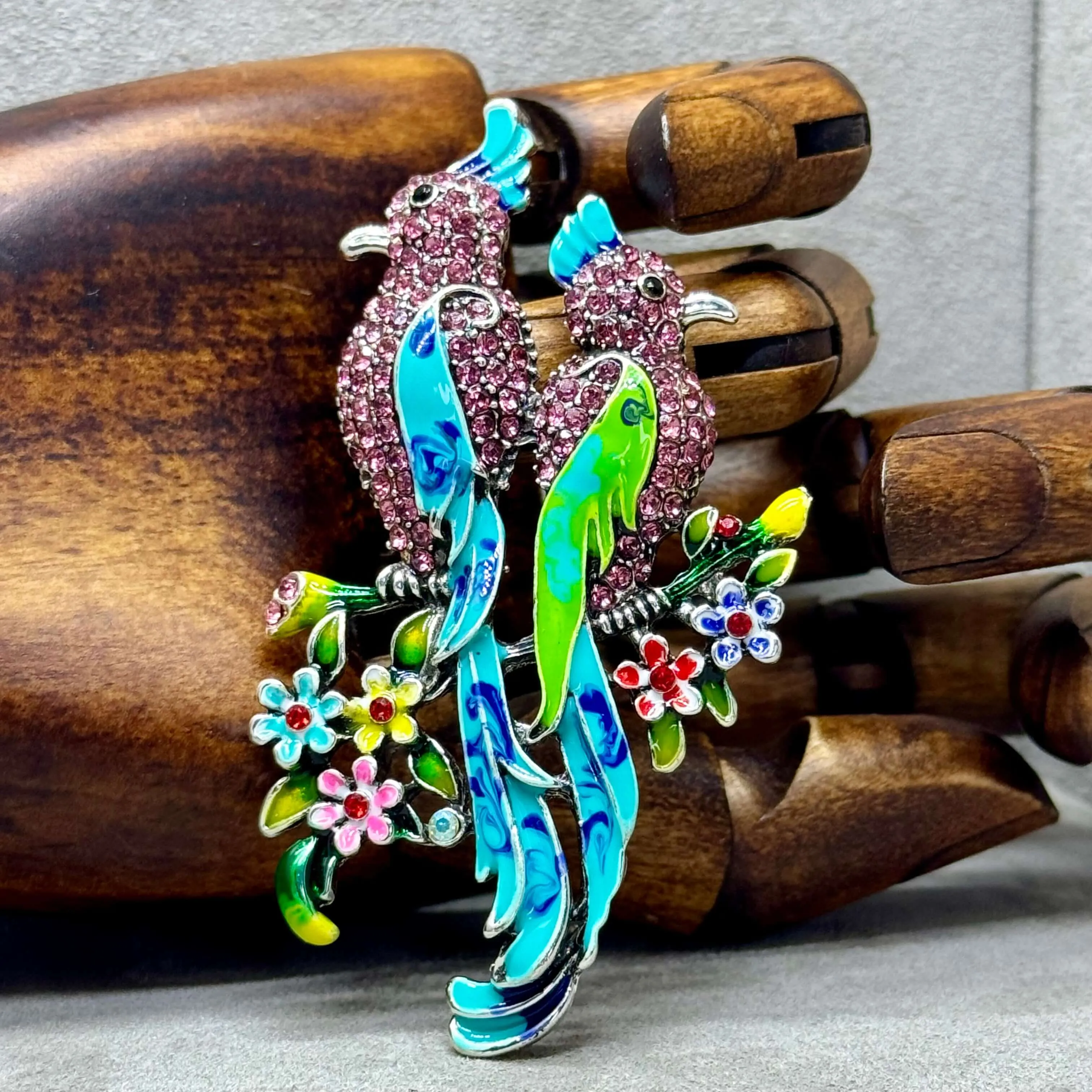 Large Enamel & Rhinestone Parrot Brooch