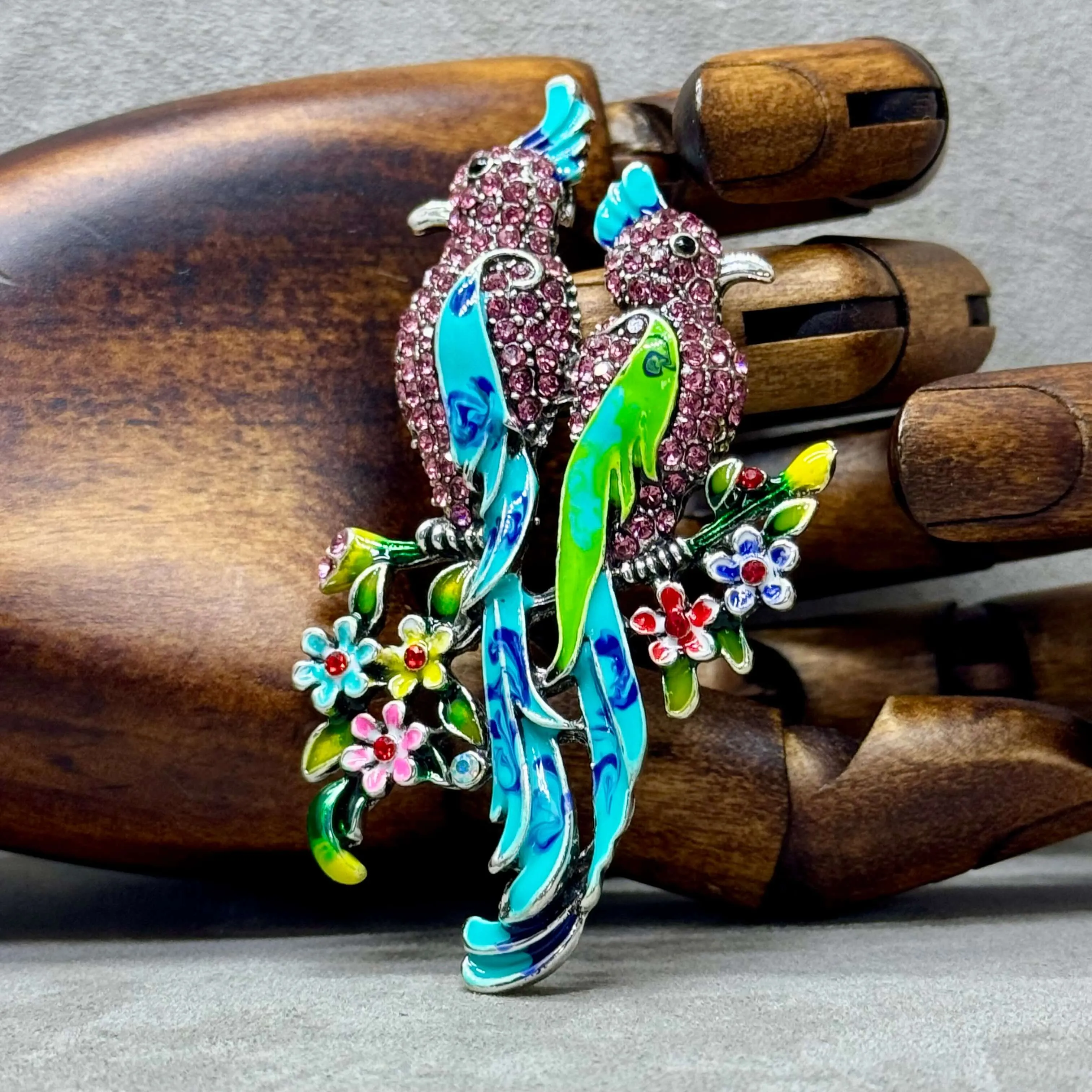 Large Enamel & Rhinestone Parrot Brooch