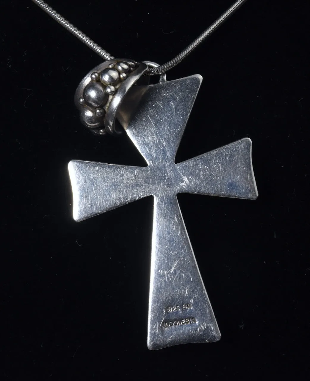 Large Heavy Sterling Silver Crucifix Pendant with Moonstone on Sterling Silver Chain Necklace