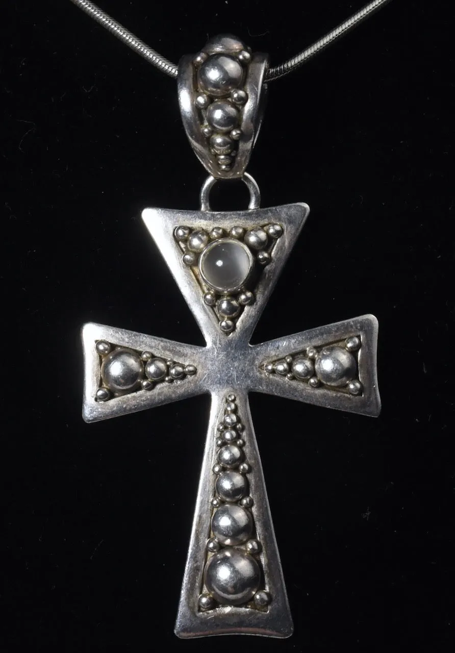 Large Heavy Sterling Silver Crucifix Pendant with Moonstone on Sterling Silver Chain Necklace