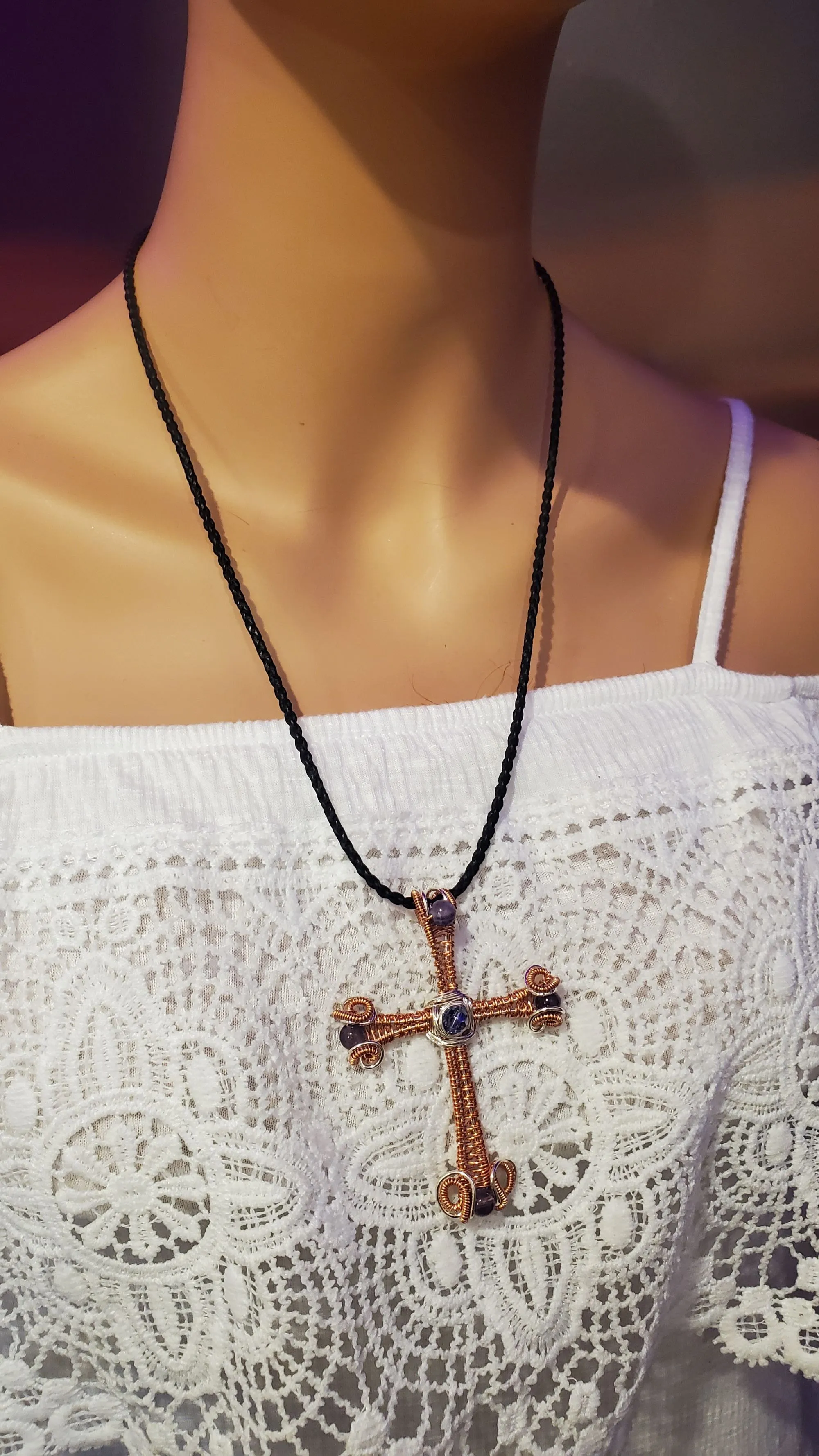 Large Intricate Amethyst Beaded Wire Woven Copper and Silver Cross Crystal Necklace