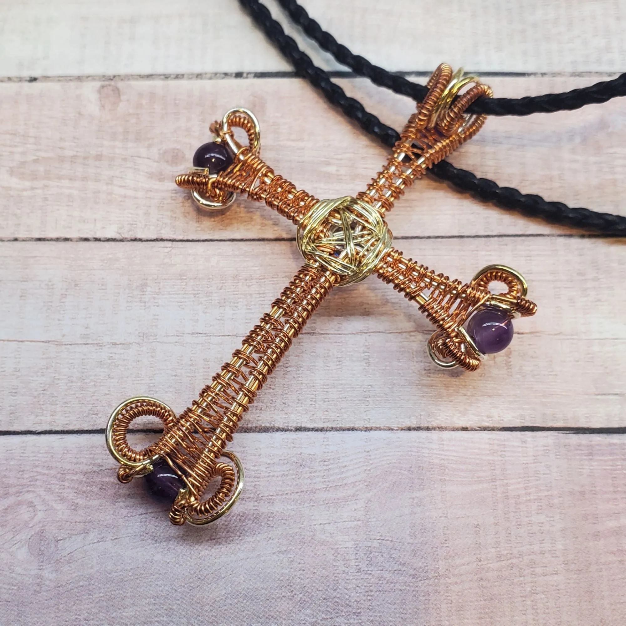 Large Intricate Amethyst Beaded Wire Woven Copper and Silver Cross Crystal Necklace