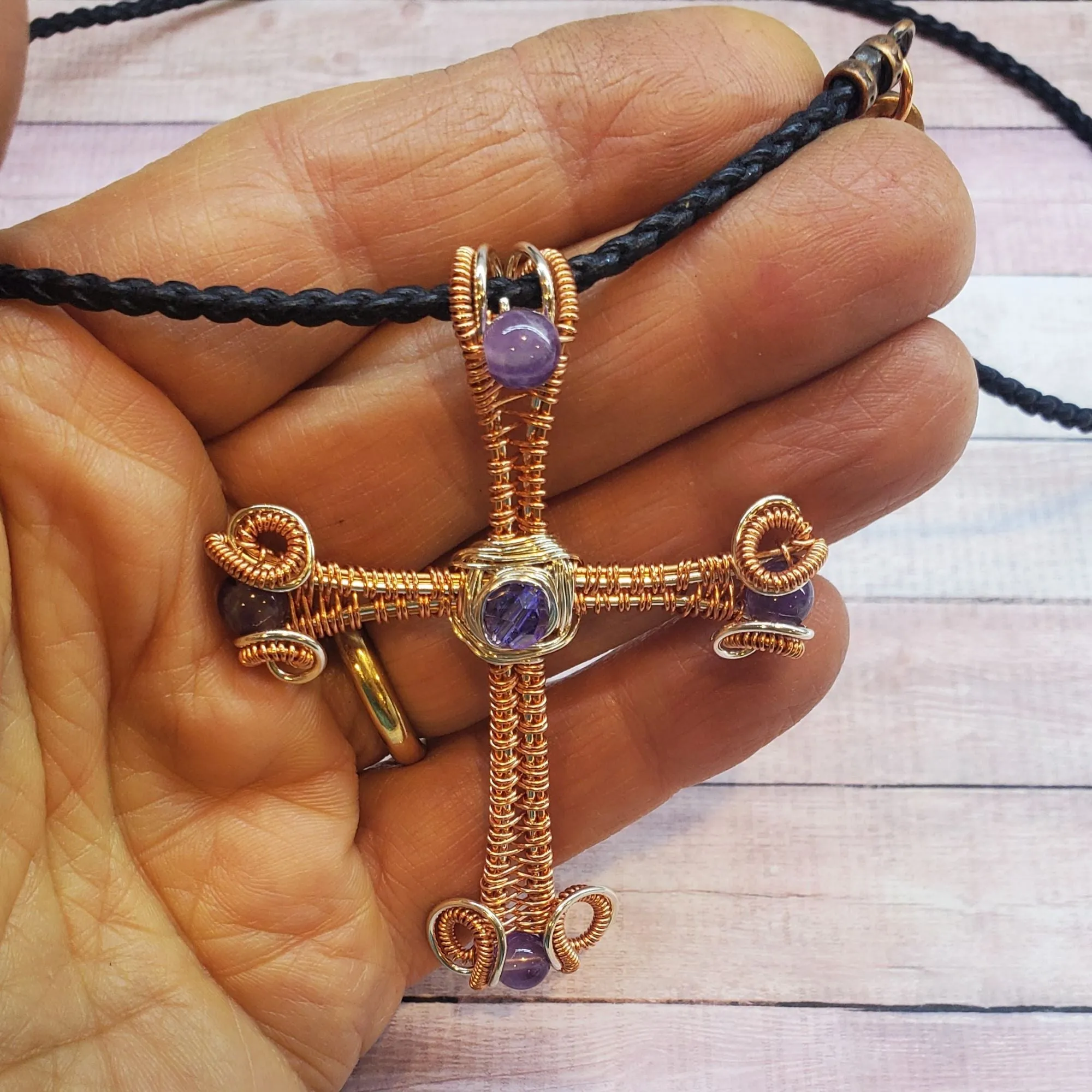 Large Intricate Amethyst Beaded Wire Woven Copper and Silver Cross Crystal Necklace