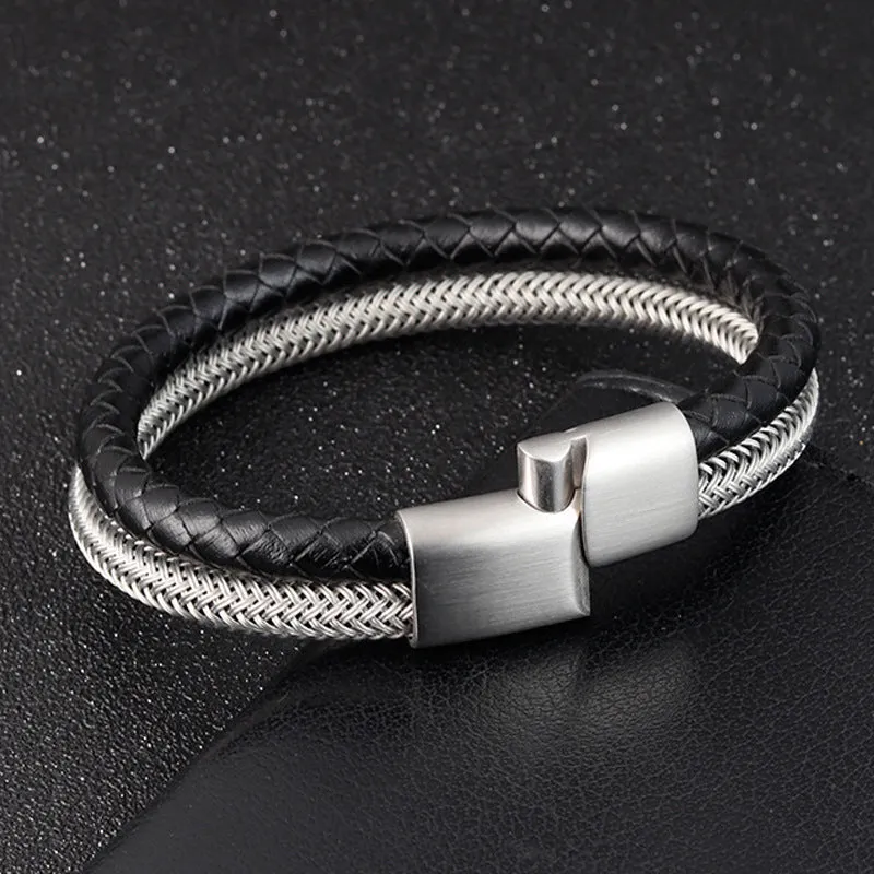 Leather rope bracelet stainless steel leather braid