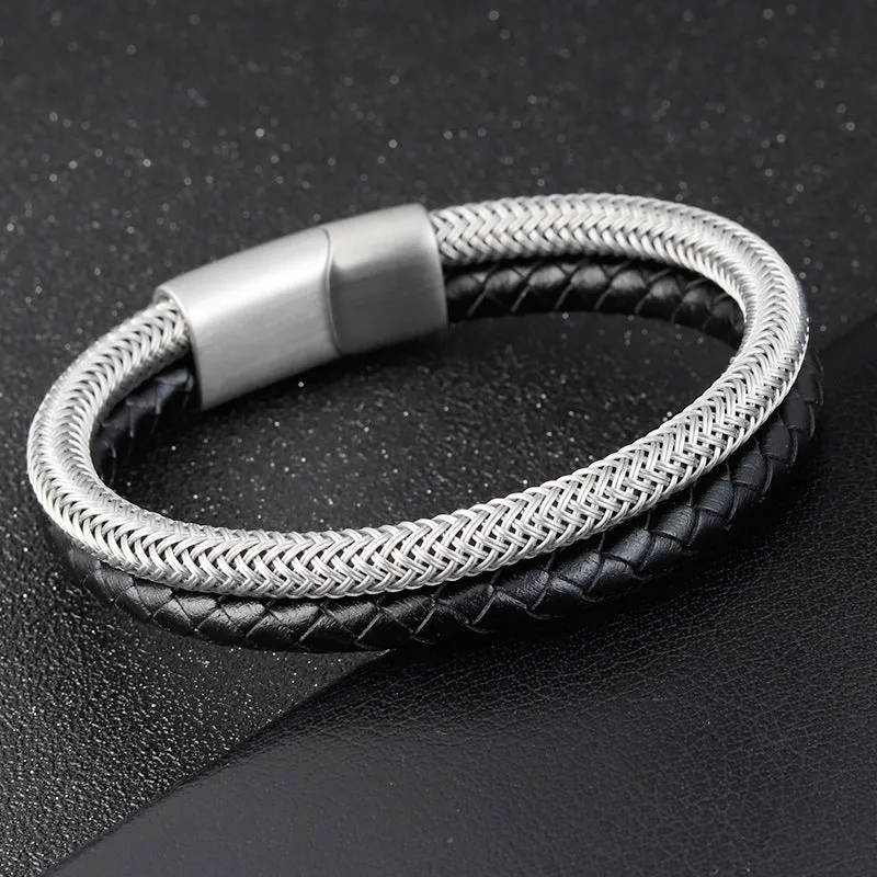 Leather rope bracelet stainless steel leather braid