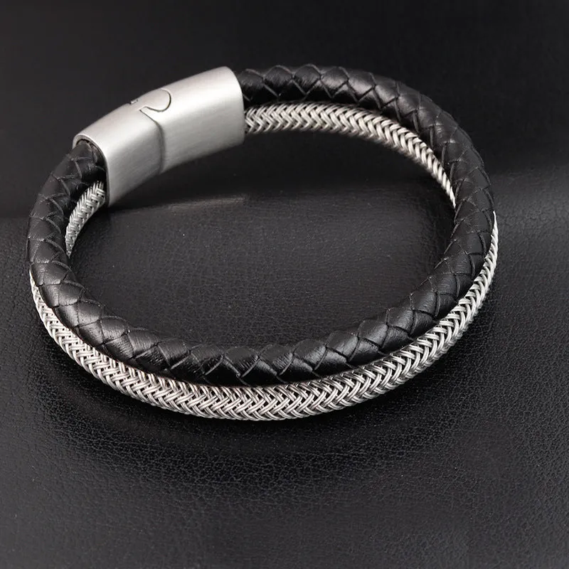 Leather rope bracelet stainless steel leather braid