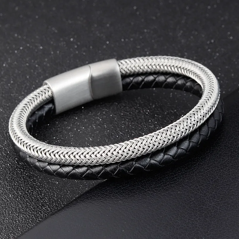 Leather rope bracelet stainless steel leather braid