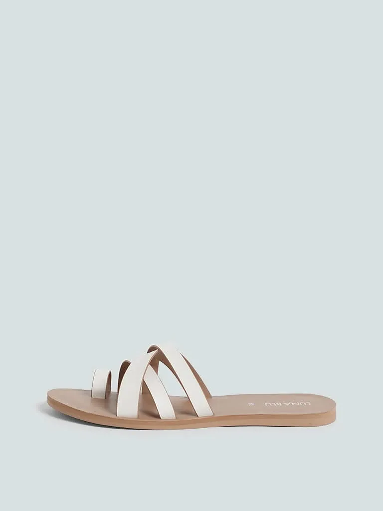 LUNA BLU White Cross Strap Toe Ring Slides