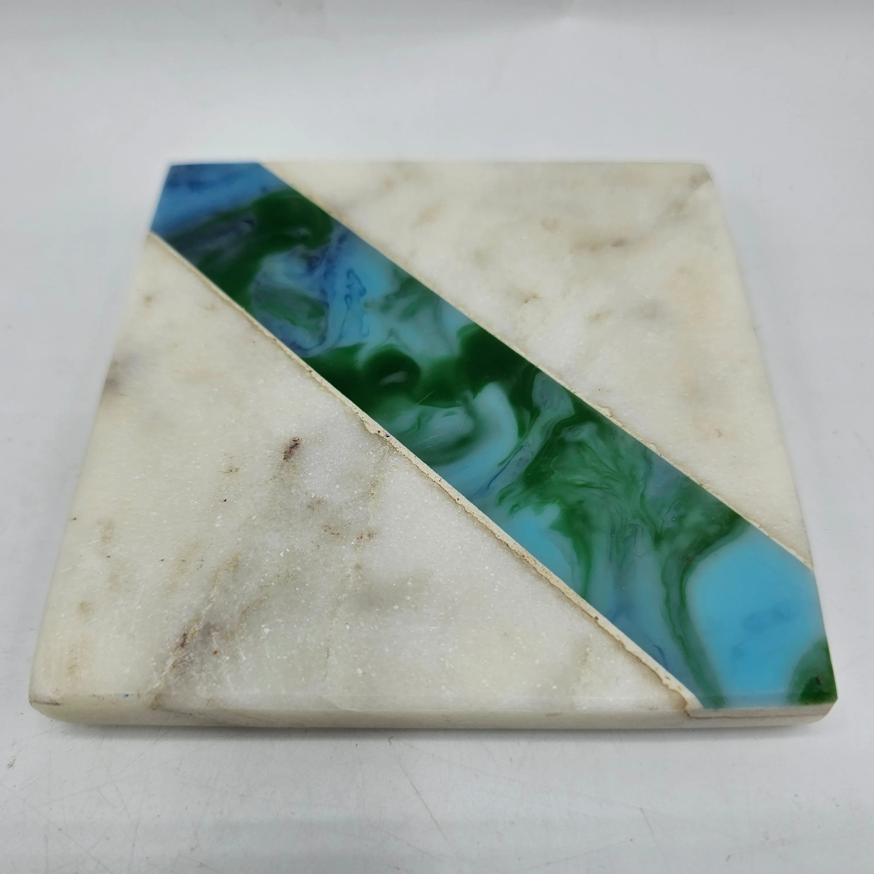 Marble Coasters with Blue and Green Glass Inlay - Set of 3