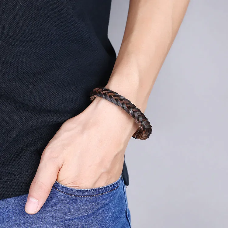 Men's Cowhide Bracelet Titanium Steel Magnetic Buckle Patent Design Woven Bracelet Denim Bracelet