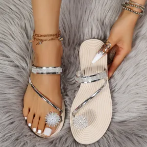 Metallic Rhinestone Decor Toe Ring Thong Beach Flat Sandals