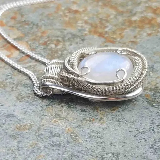 Moonstone Necklace Wire Wrapped Pendant