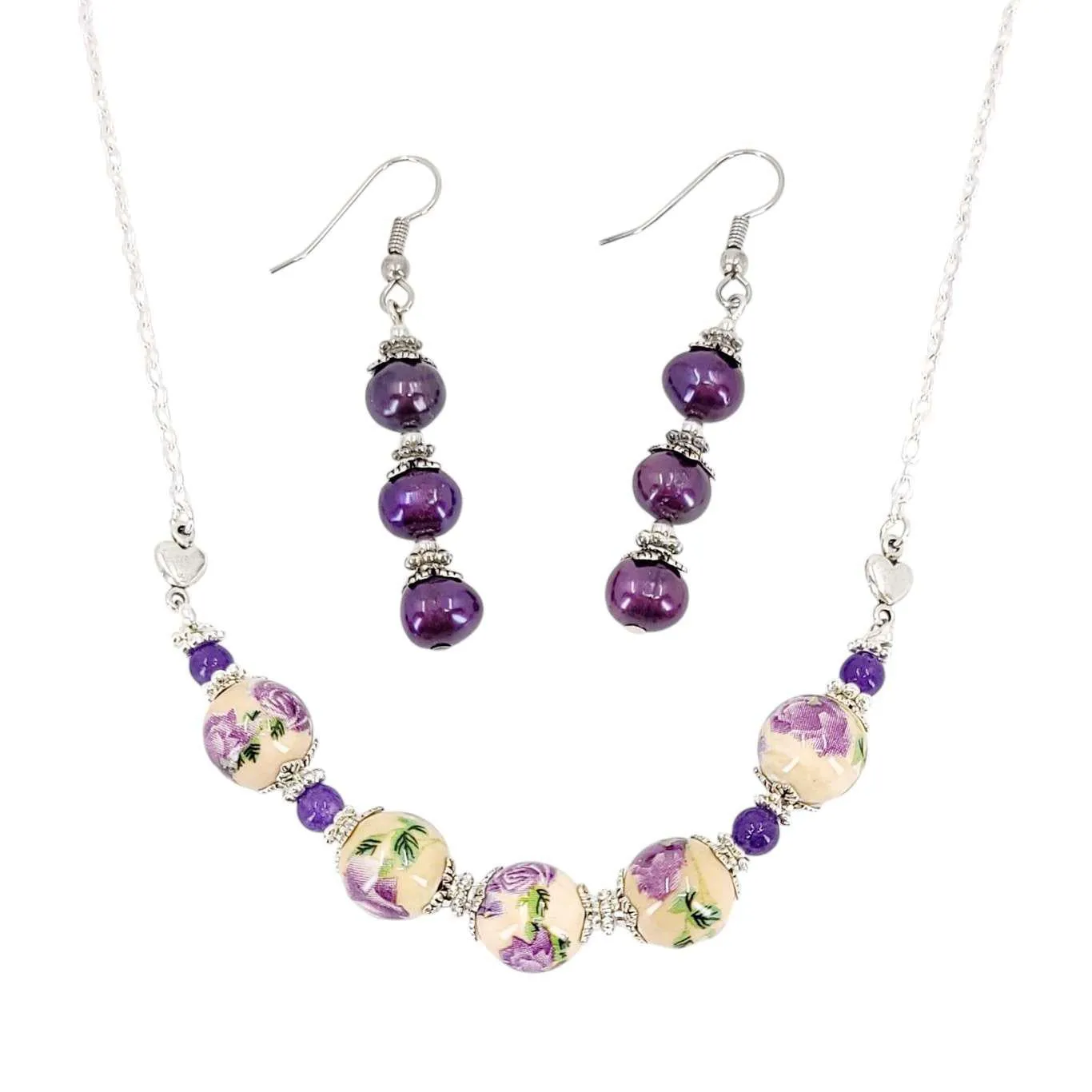 Necklace - Ceramic Bead Chain (Purple Floral) by Tiny Aloha