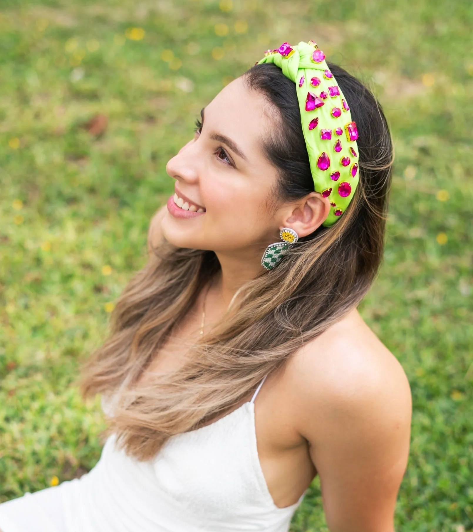 Neon Green Fuchsia Jeweled Knot Headband