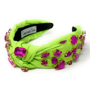 Neon Green Fuchsia Jeweled Knot Headband