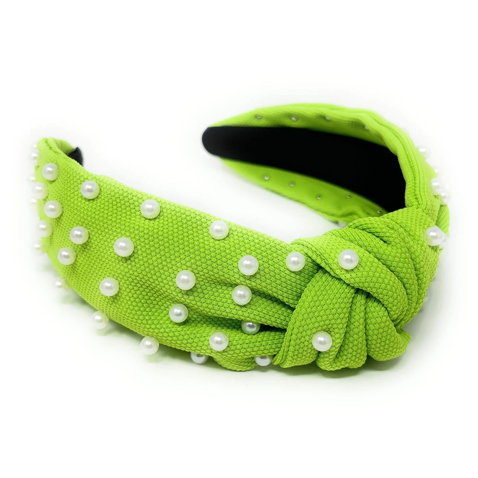 Neon Lime White Pearl Knot Headband