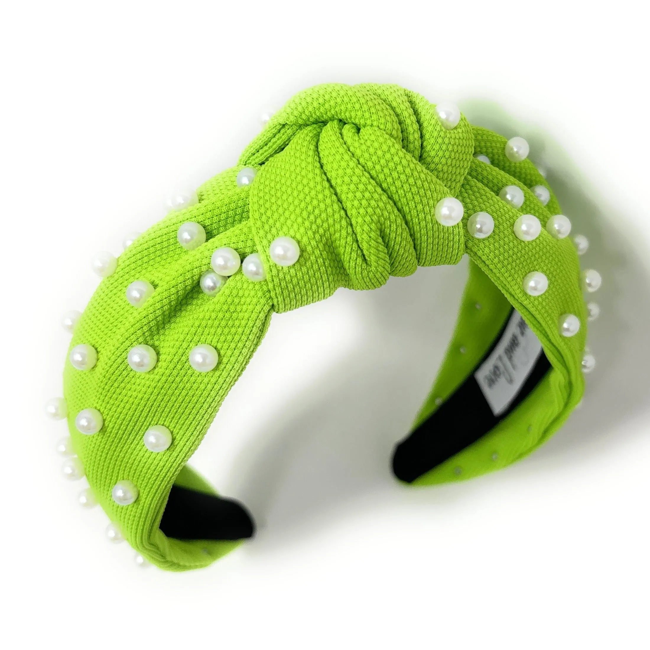 Neon Lime White Pearl Knot Headband