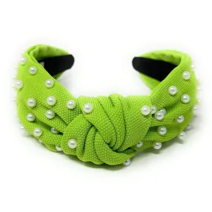 Neon Lime White Pearl Knot Headband