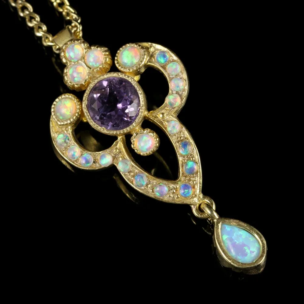 Opal And Amethyst Pendant Necklace 9Ct Gold On Silver