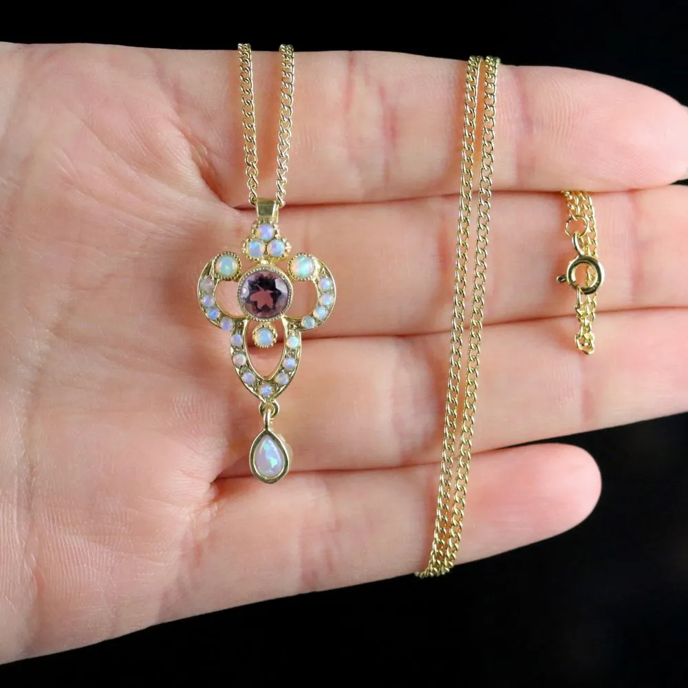 Opal And Amethyst Pendant Necklace 9Ct Gold On Silver