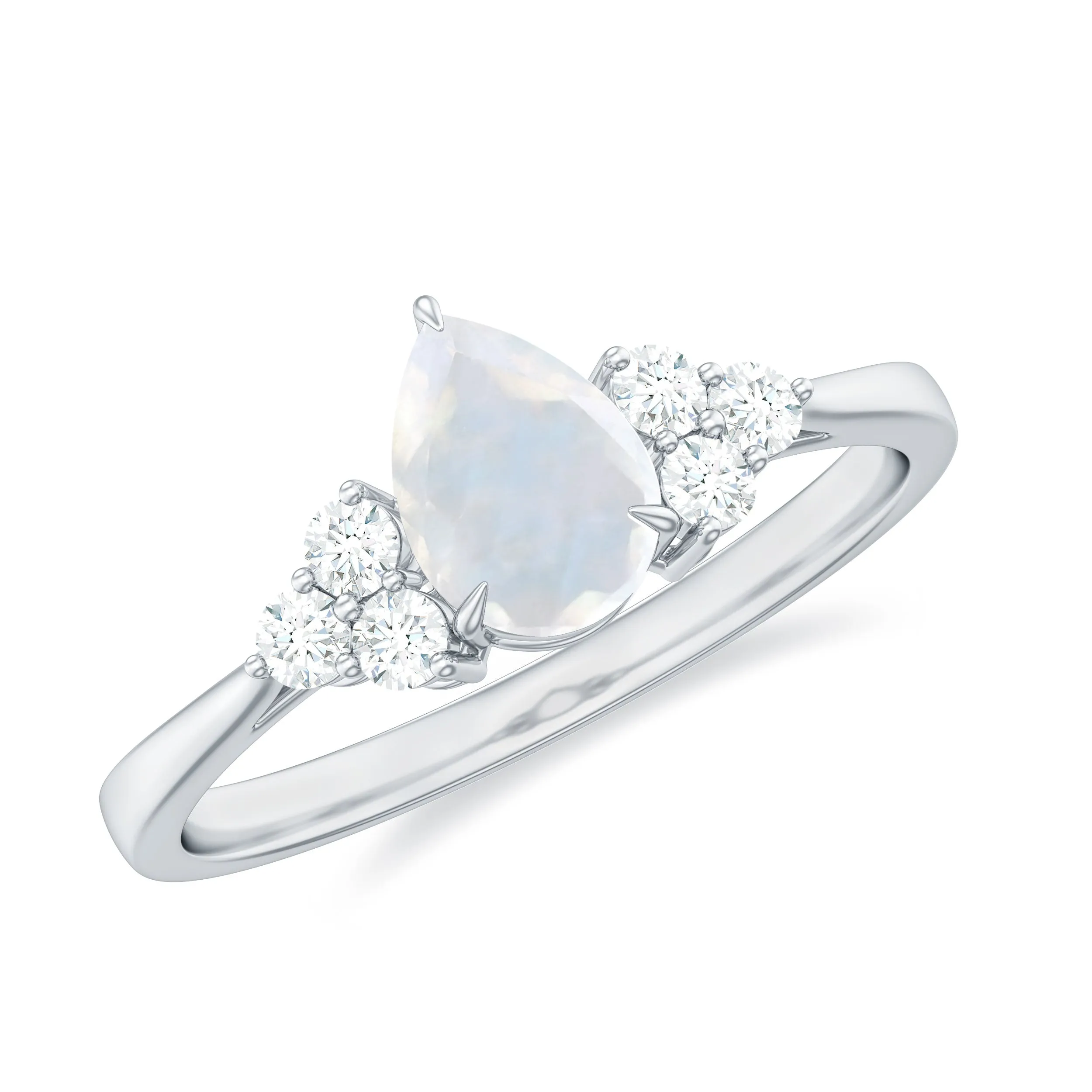 Pear Shape Moonstone Solitaire Ring with Diamond Trio