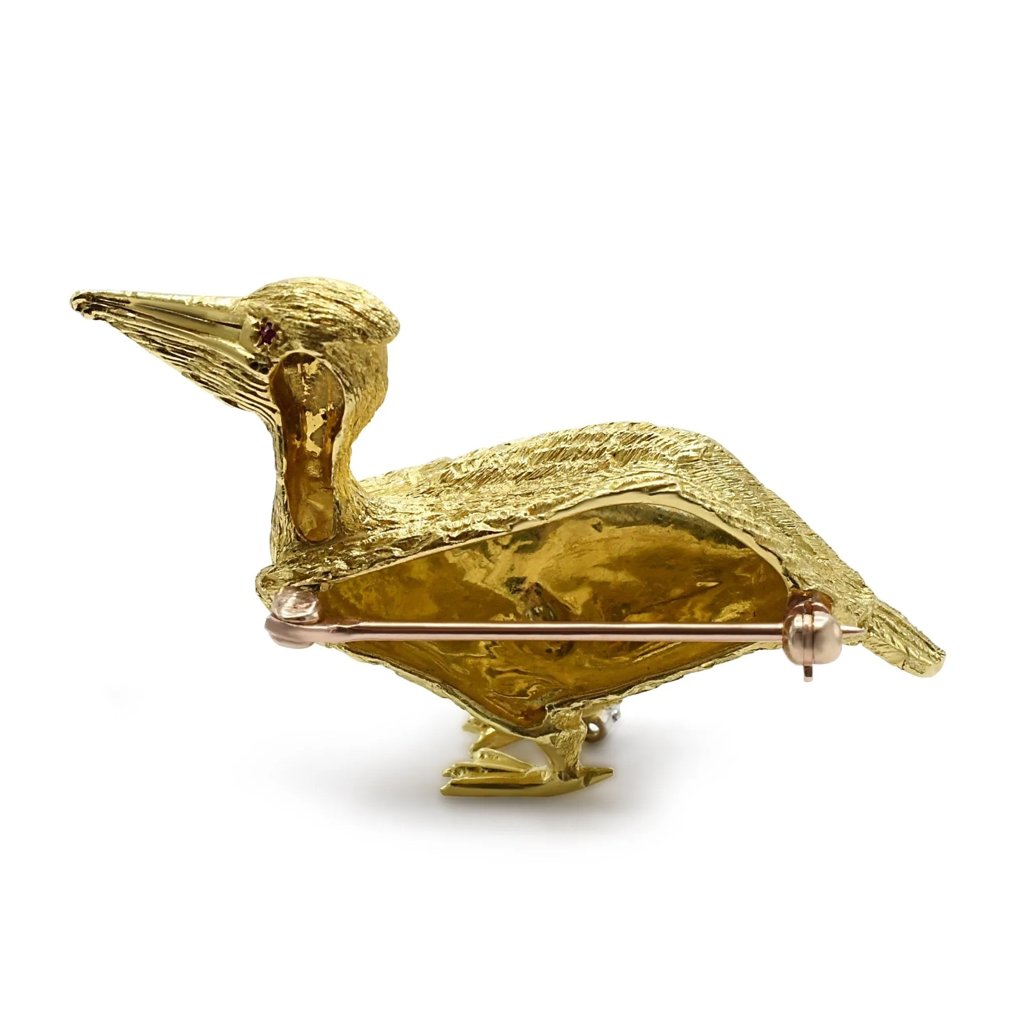 Pelican Pin Brooch, Ruby Eye, Diamond Foot