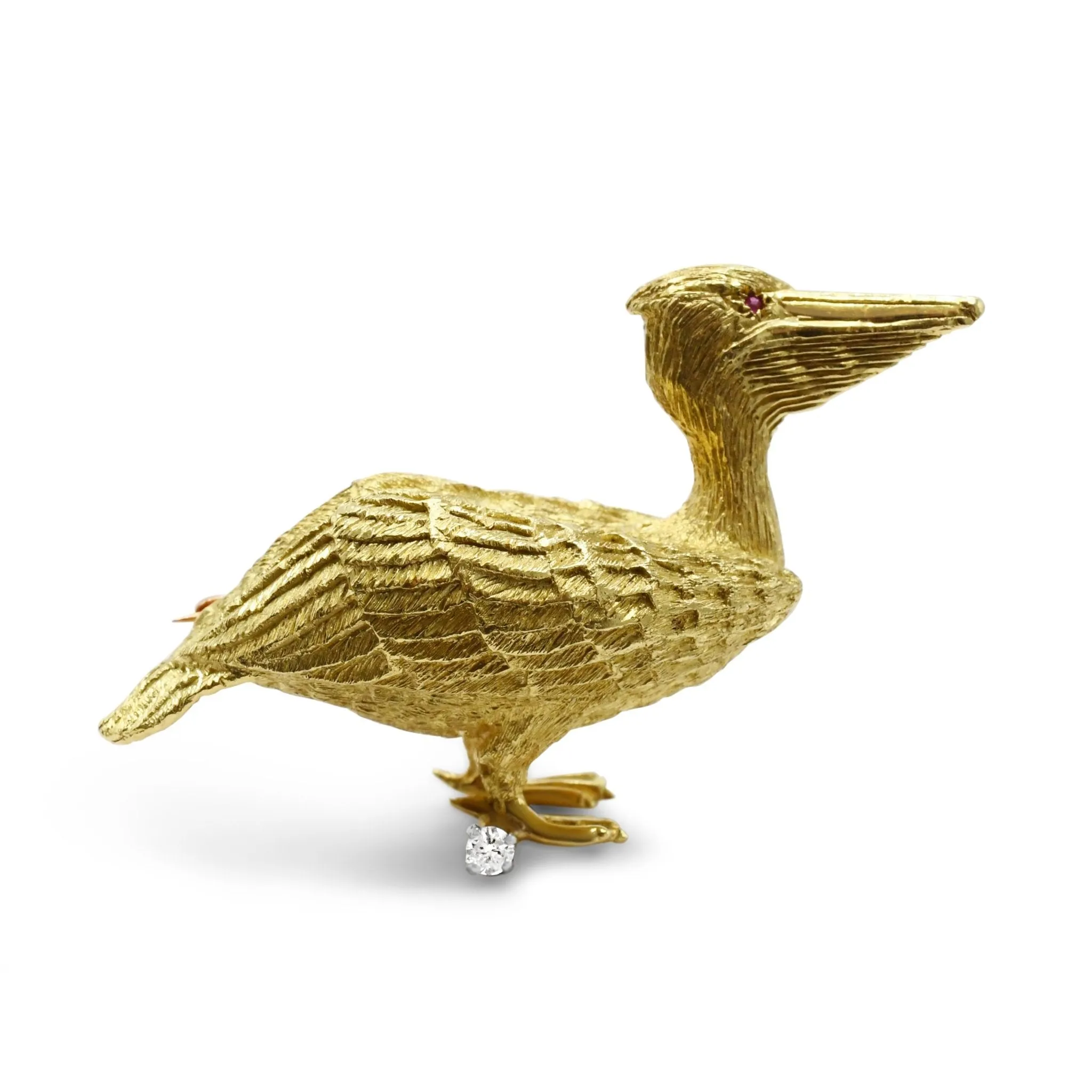 Pelican Pin Brooch, Ruby Eye, Diamond Foot