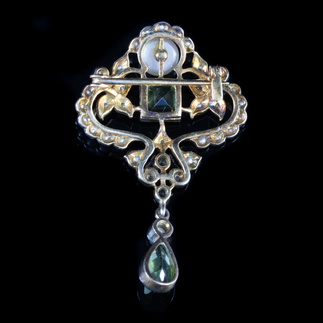 Peridot Brooch Pearl Diamond Silver 18Ct Gold