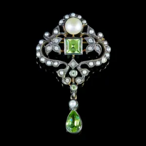 Peridot Brooch Pearl Diamond Silver 18Ct Gold