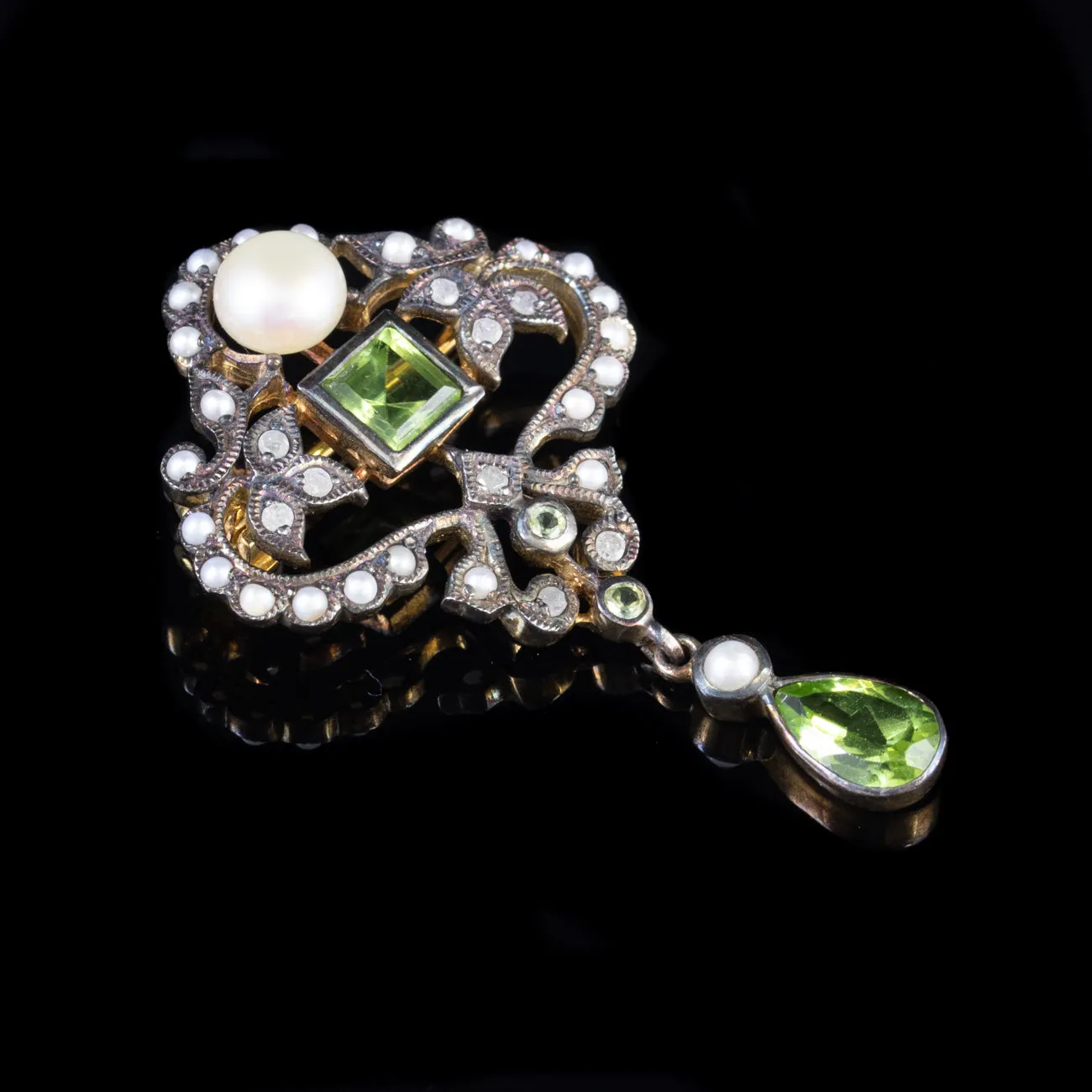 Peridot Brooch Pearl Diamond Silver 18Ct Gold