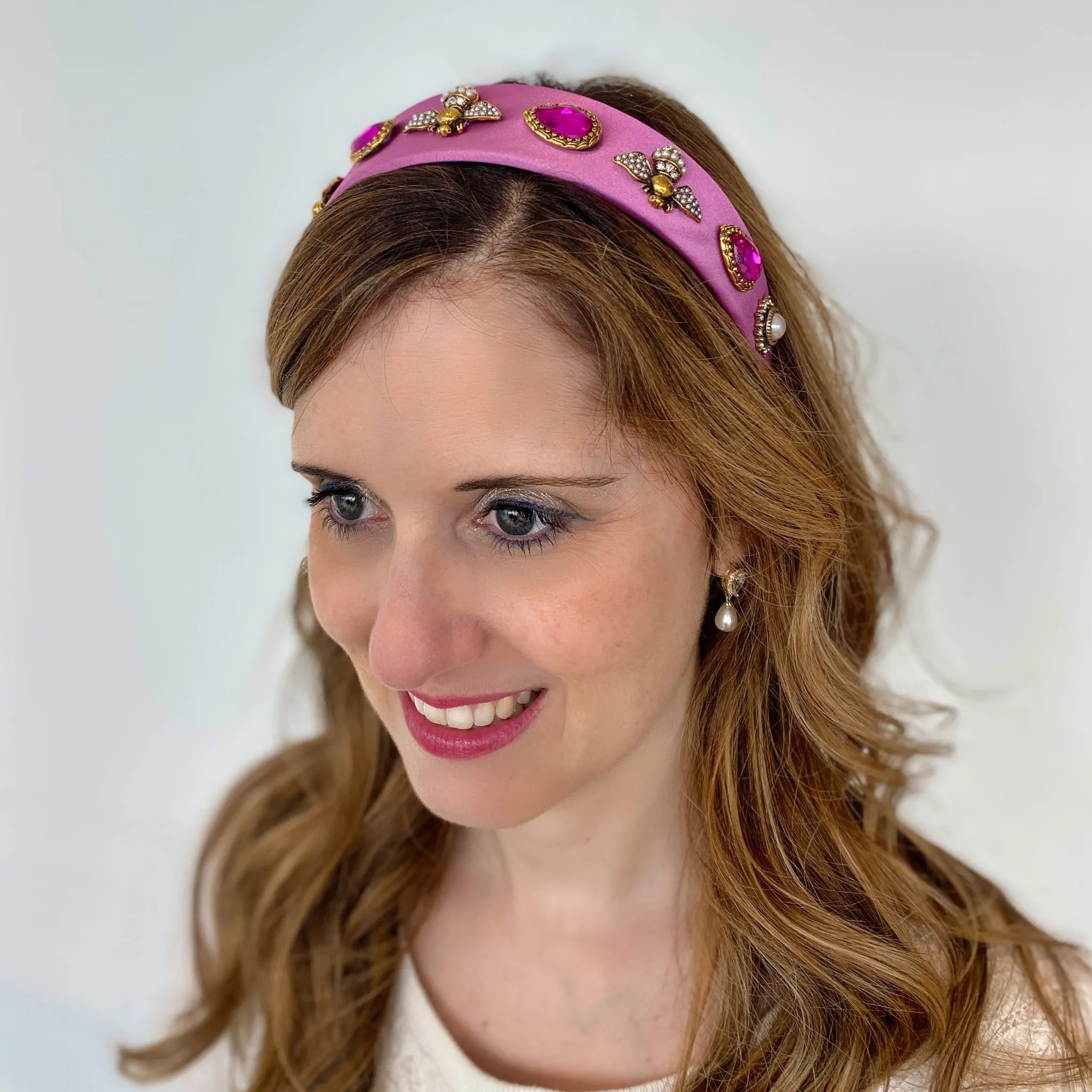 Pink Headband Wide Hair Band with Bee Jewels