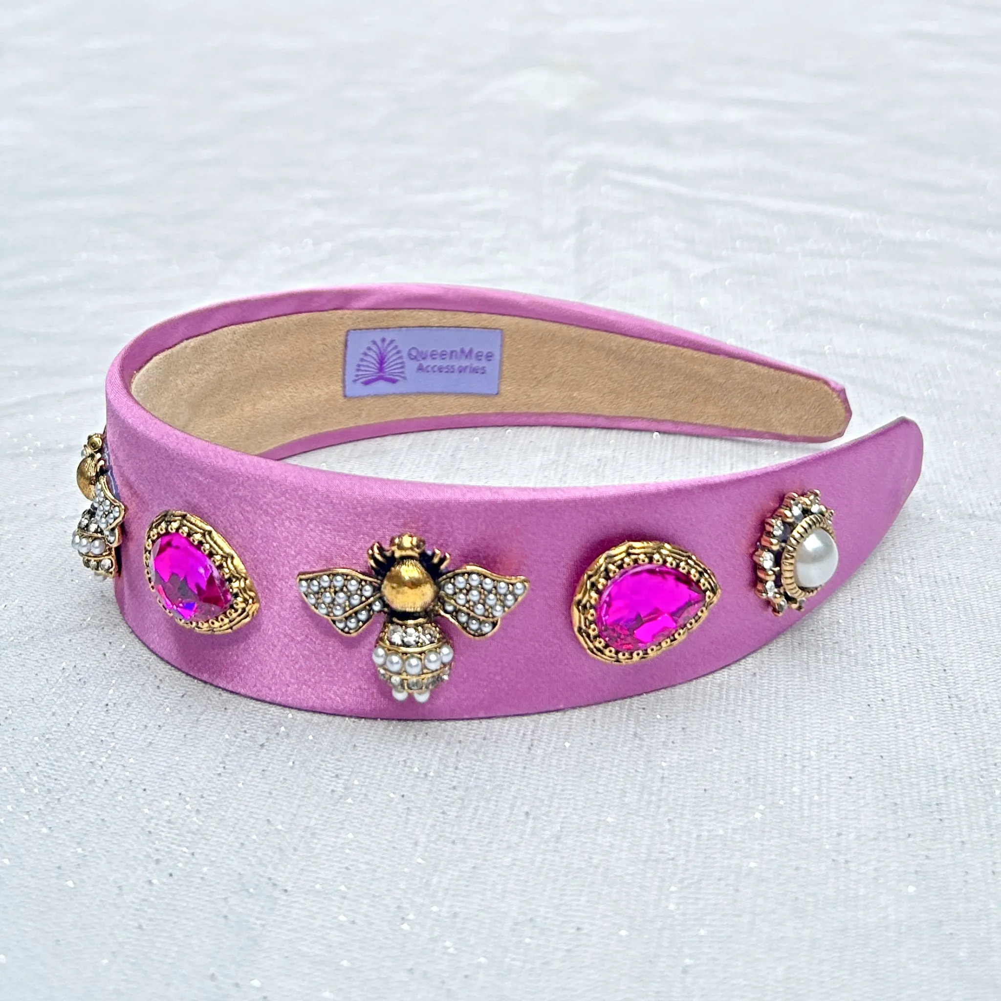 Pink Headband Wide Hair Band with Bee Jewels