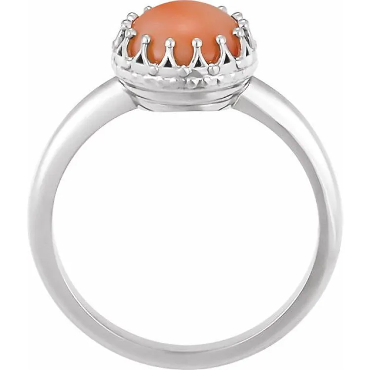 Platinum 6 mm Natural Pink Coral Crown Cabochon Ring