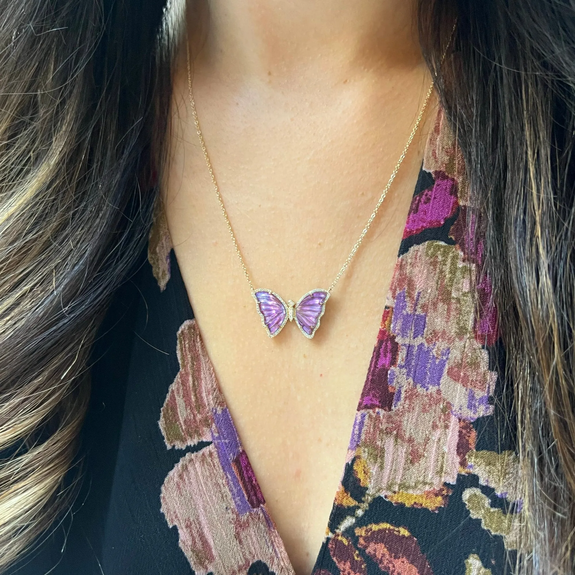 Purple Amethyst Butterfly Necklace With Diamonds